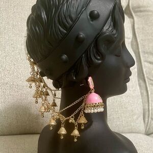 New! Pakistani Indian Desi Bollywood Jhumka Earrings Pink and Gold with Pearls